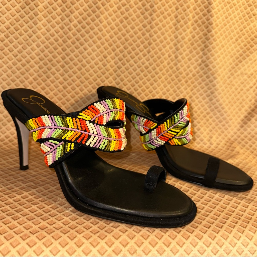 Jessica Simpson Rixei Slip-On Toe-Ring Beaded Black High Heel Sandals